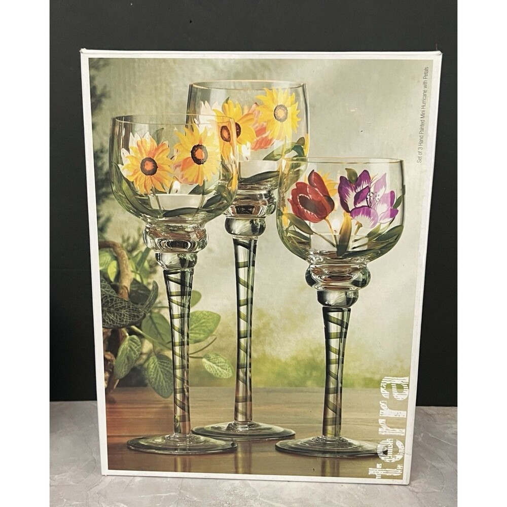 Terra Hand-Painted Mini Floral Hurricanes or Wine Glasses Set Of 3 Candle Holder - Picture 8 of 10